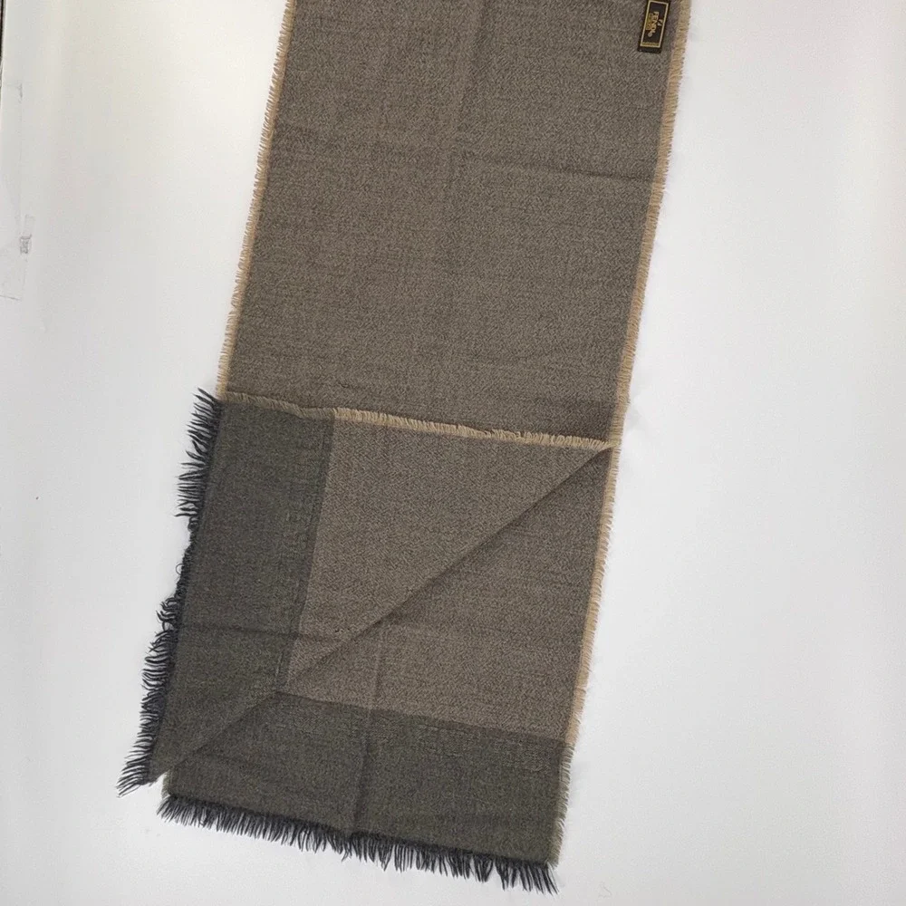 Fendi Cravatte Scarf Grey Brown Wool Blend Logo Border Made in Italy Fringe